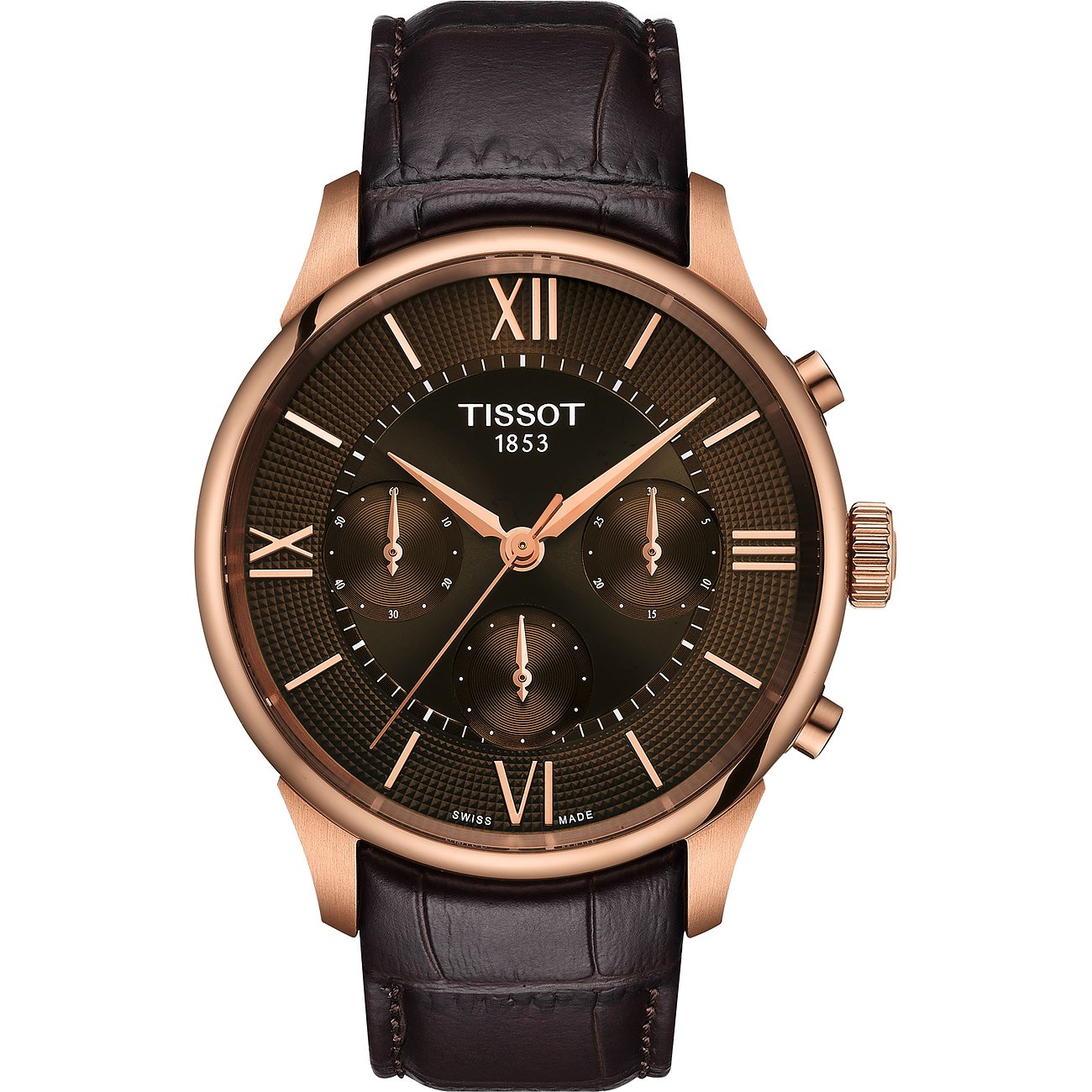 Tissot Herrenuhr mit Edelstahlgehäuse, braunes Zifferblatt, analog, mit Chronographen.