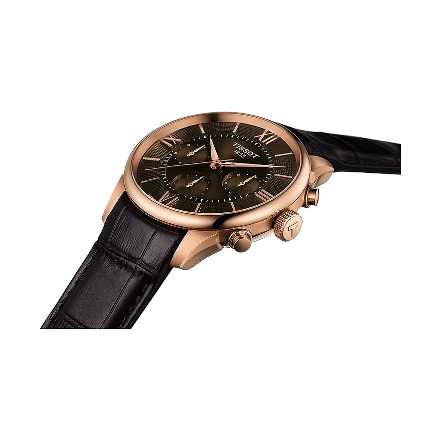 Tissot Herrenuhr mit Edelstahlgehäuse, analog, mit Chronographenanzeigen und braunem Lederarmband.