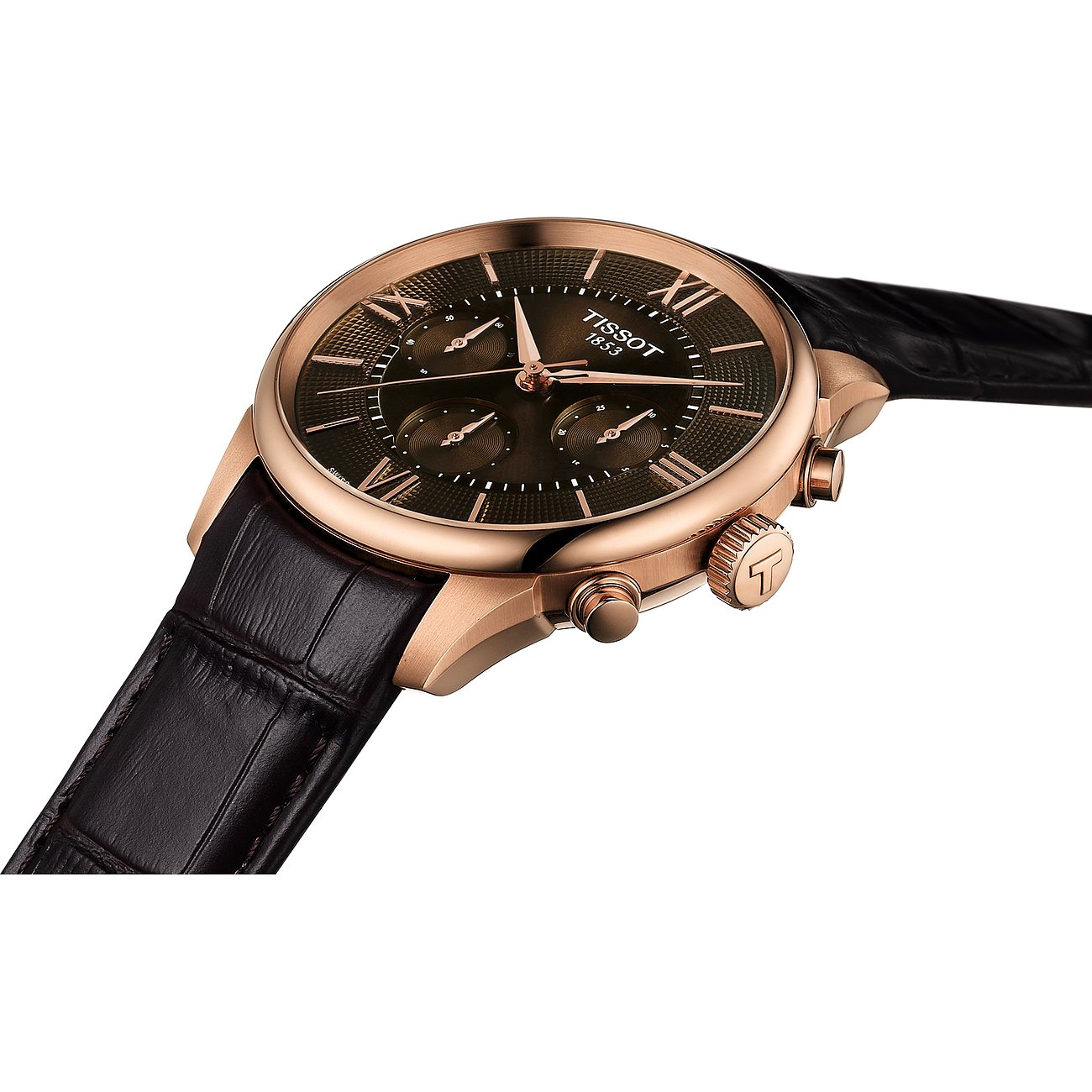 Tissot Herrenuhr mit Edelstahlgehäuse, analog, mit Chronographenanzeigen und braunem Lederarmband.
