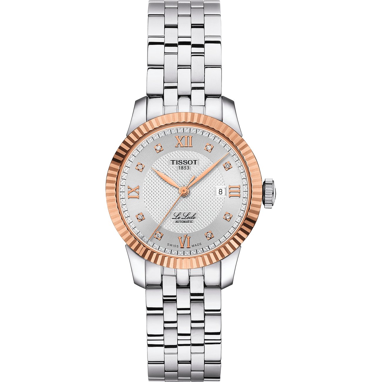Tissot Damenuhr mit Edelstahlgehäuse, Roségold-Lünette, Diamanten und silbernem Zifferblatt.