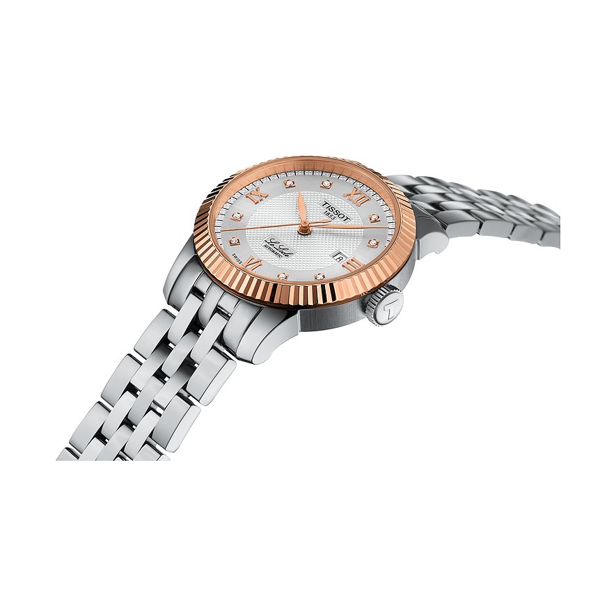 Tissot Damenuhr mit Edelstahlgehäuse, roségoldfarbener Lünette und Diamanten.