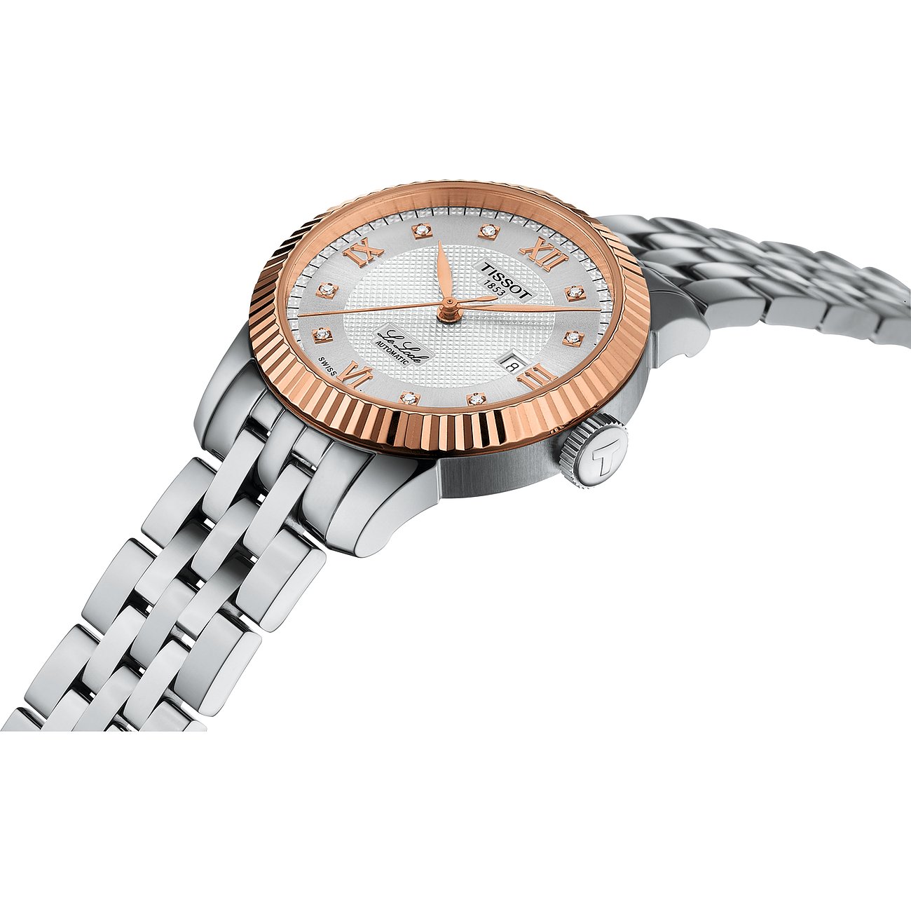 Tissot Damenuhr mit Edelstahlgehäuse, roségoldfarbener Lünette und Diamanten.
