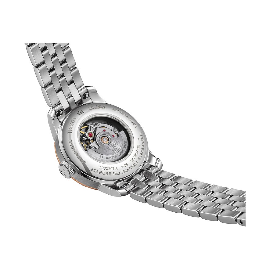 Tissot Damenuhr mit Edelstahlgehäuse, Roségold-Akzenten und Automatikwerk.