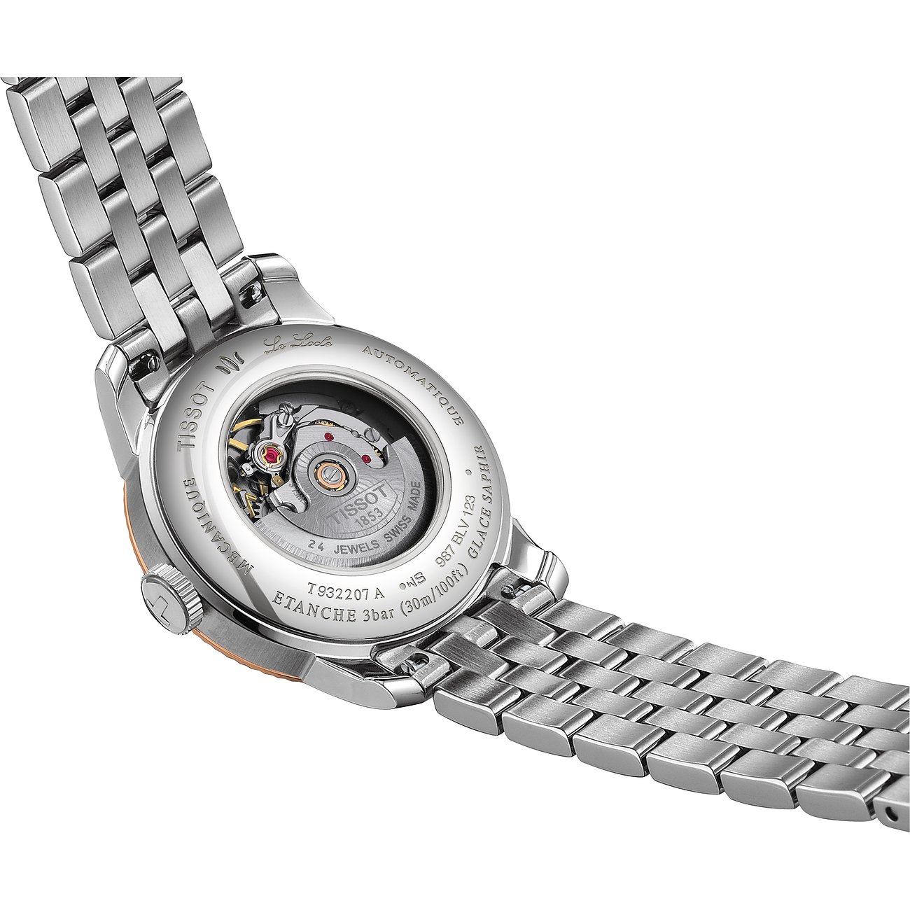 Tissot Damenuhr mit Edelstahlgehäuse, Roségold-Akzenten und Automatikwerk.