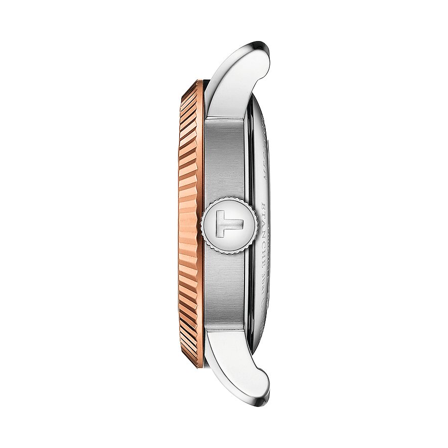 Tissot Damenuhr mit Edelstahlgehäuse und 585 Roségold-Lünette, analog, mit Diamanten.