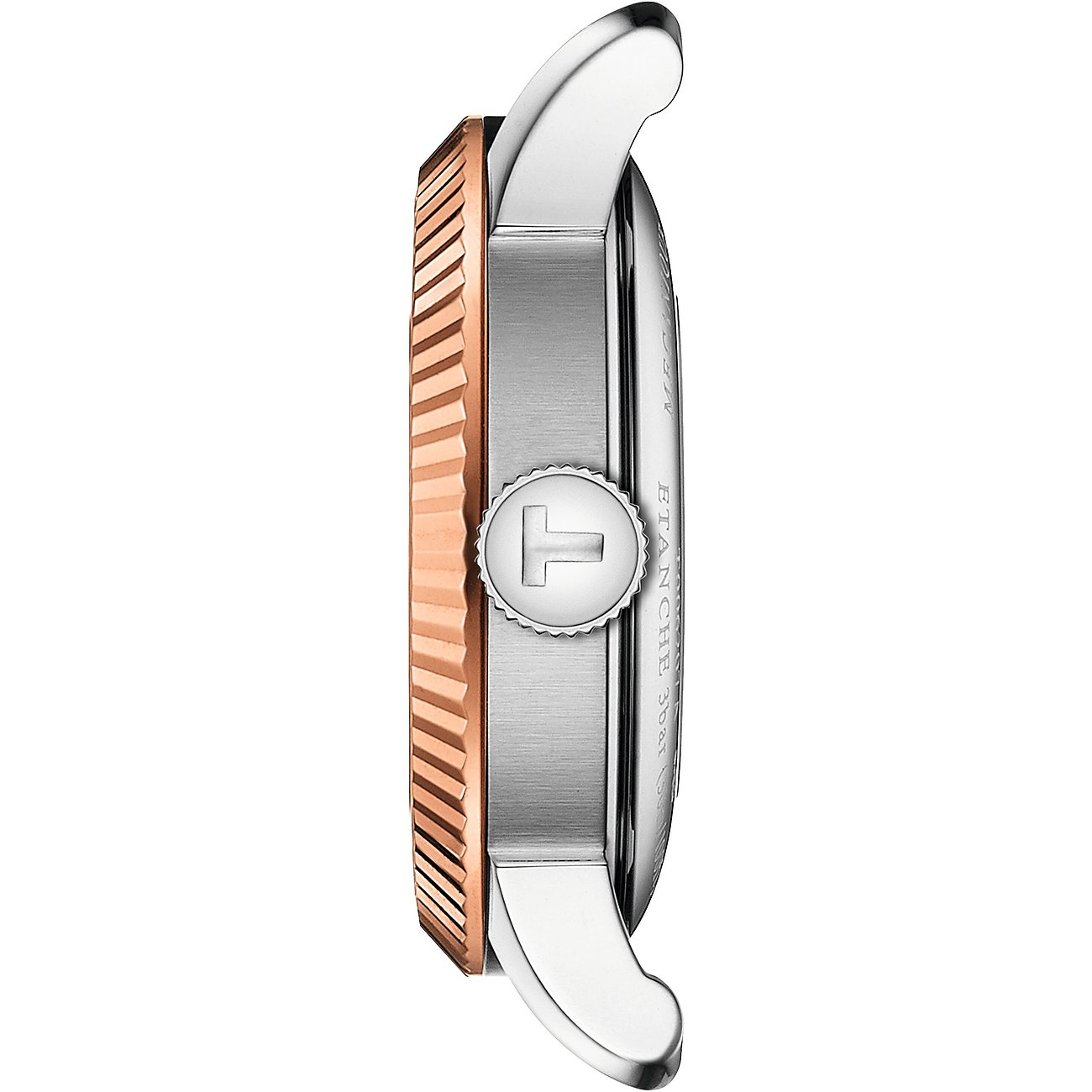 Tissot Damenuhr mit Edelstahlgehäuse und 585 Roségold-Lünette, analog, mit Diamanten.
