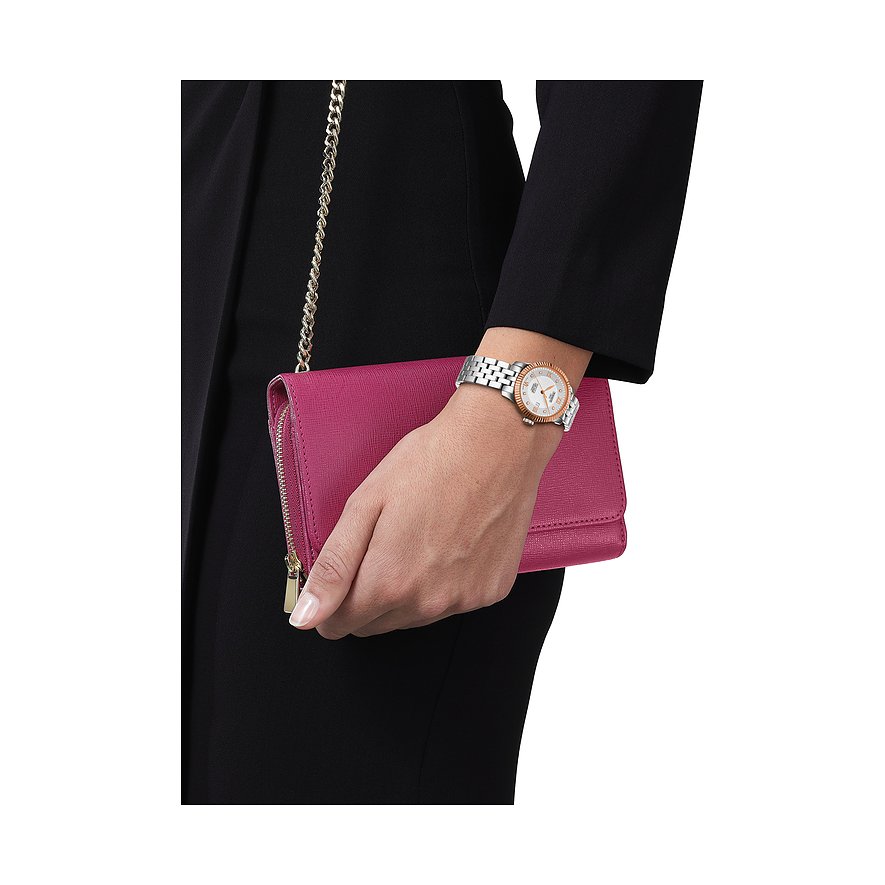 Tissot Damenuhr mit Edelstahlgehäuse, 585 Roségold, Diamanten.