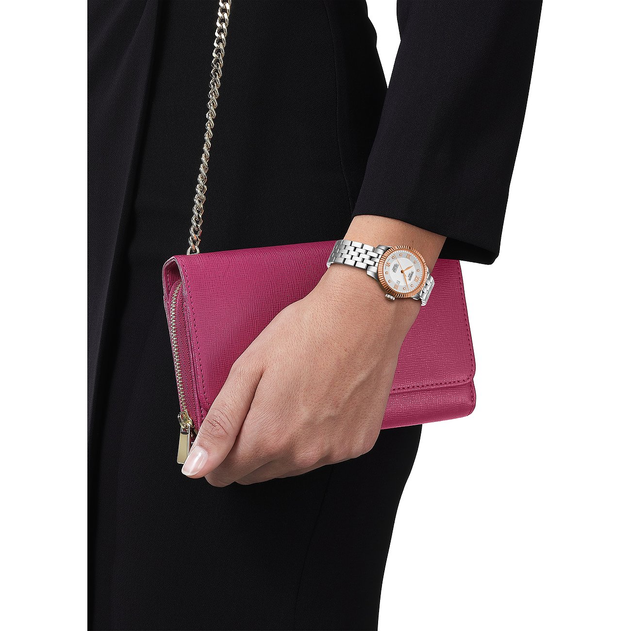 Tissot Damenuhr mit Edelstahlgehäuse, 585 Roségold, Diamanten.