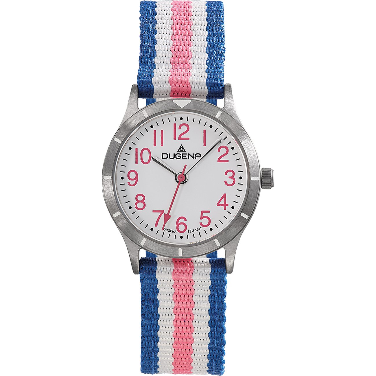 Dugena Kinderuhr mit Titangehäuse und gestreiftem Textilarmband.