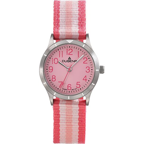 Dugena Kinderuhr mit Titan-Gehäuse, rosa Zifferblatt und gestreiftem Textilarmband.