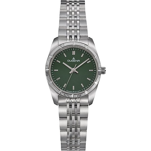 Dugena Damenuhr mit Edelstahlgehäuse, analog, grünes Zifferblatt.