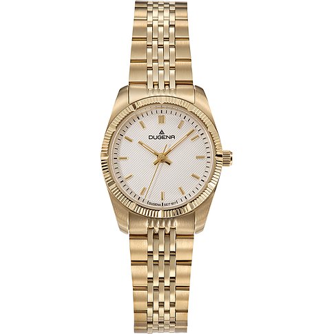 Dugena Damenuhr mit goldfarbenem Edelstahlgehäuse, analoger Anzeige und weißem Zifferblatt.