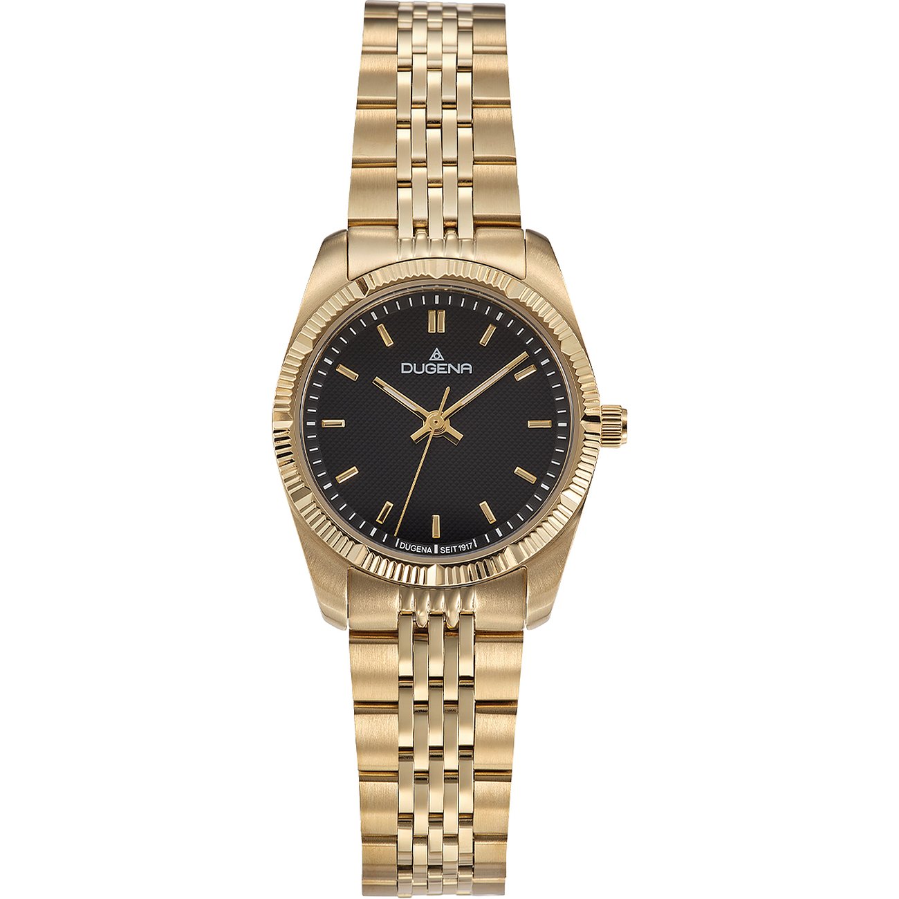 Dugena Damenuhr mit goldfarbenem Edelstahlgehäuse, schwarzem Zifferblatt und goldenem Armband.