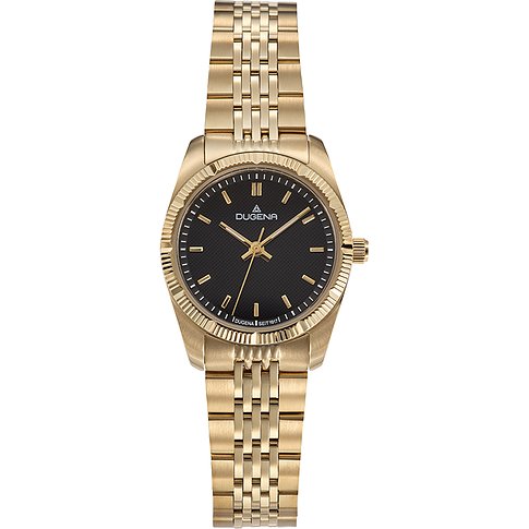 Dugena Damenuhr mit goldfarbenem Edelstahlgehäuse, schwarzem Zifferblatt und goldenem Armband.