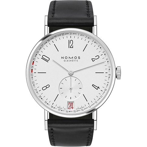 Nomos Glashütte Herrenuhr mit Edelstahlgehäuse, weißem Zifferblatt und Datum.