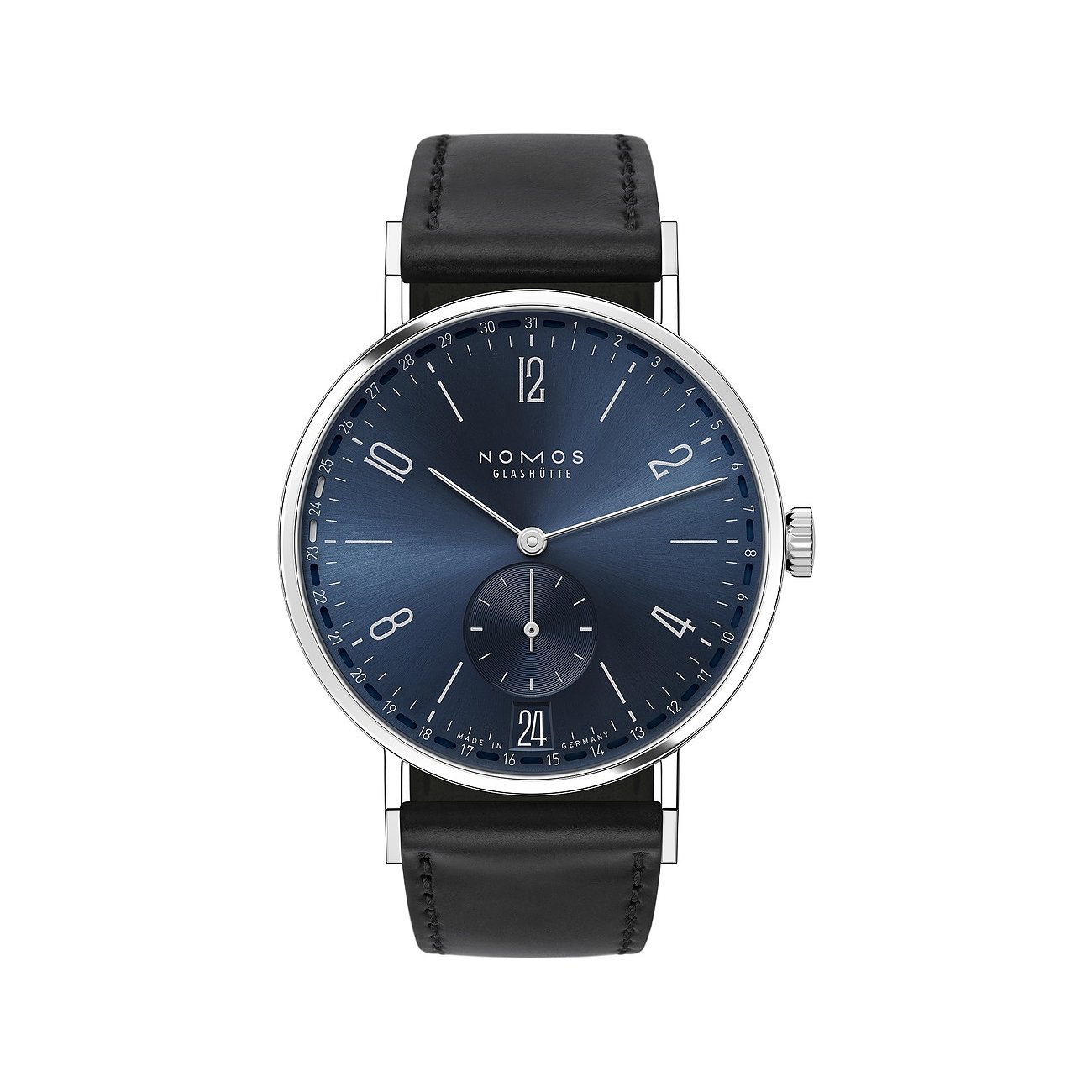 Nomos Glashütte Unisexuhr mit Edelstahlgehäuse, blauem Zifferblatt und Datum.