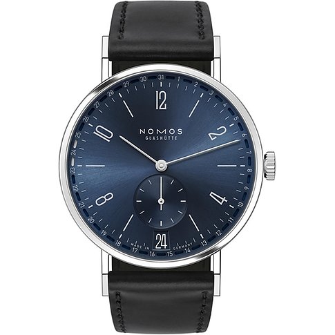 Nomos Glashütte Unisexuhr mit Edelstahlgehäuse, blauem Zifferblatt und Datum.