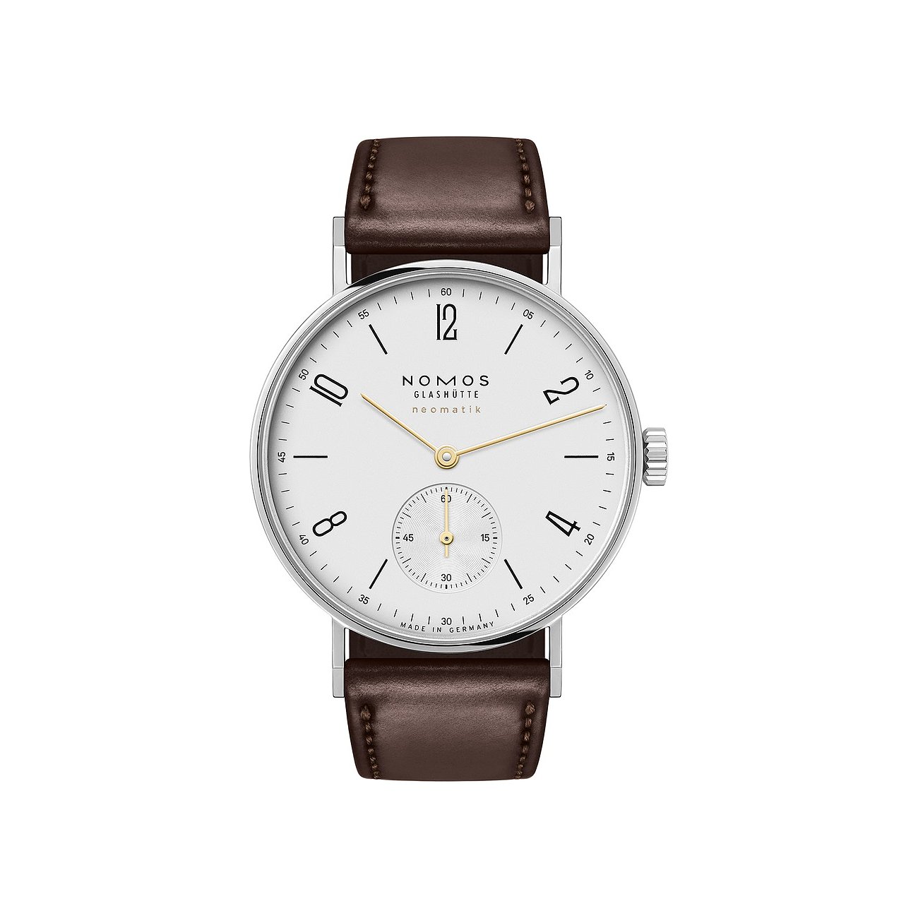 Nomos Glashütte Unisexuhr mit Edelstahlgehäuse, analog, weißes Zifferblatt.