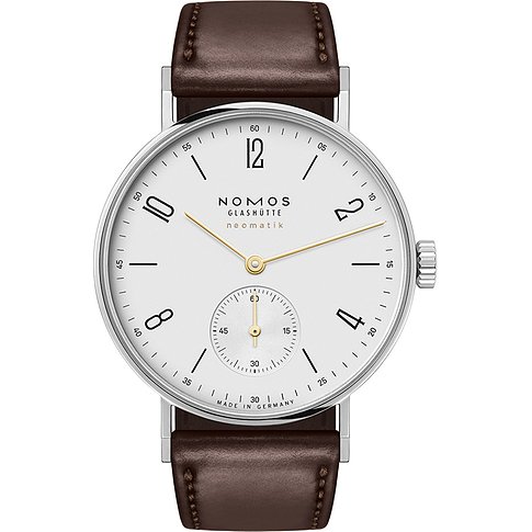 Nomos Glashütte Unisexuhr mit Edelstahlgehäuse, analog, weißes Zifferblatt.