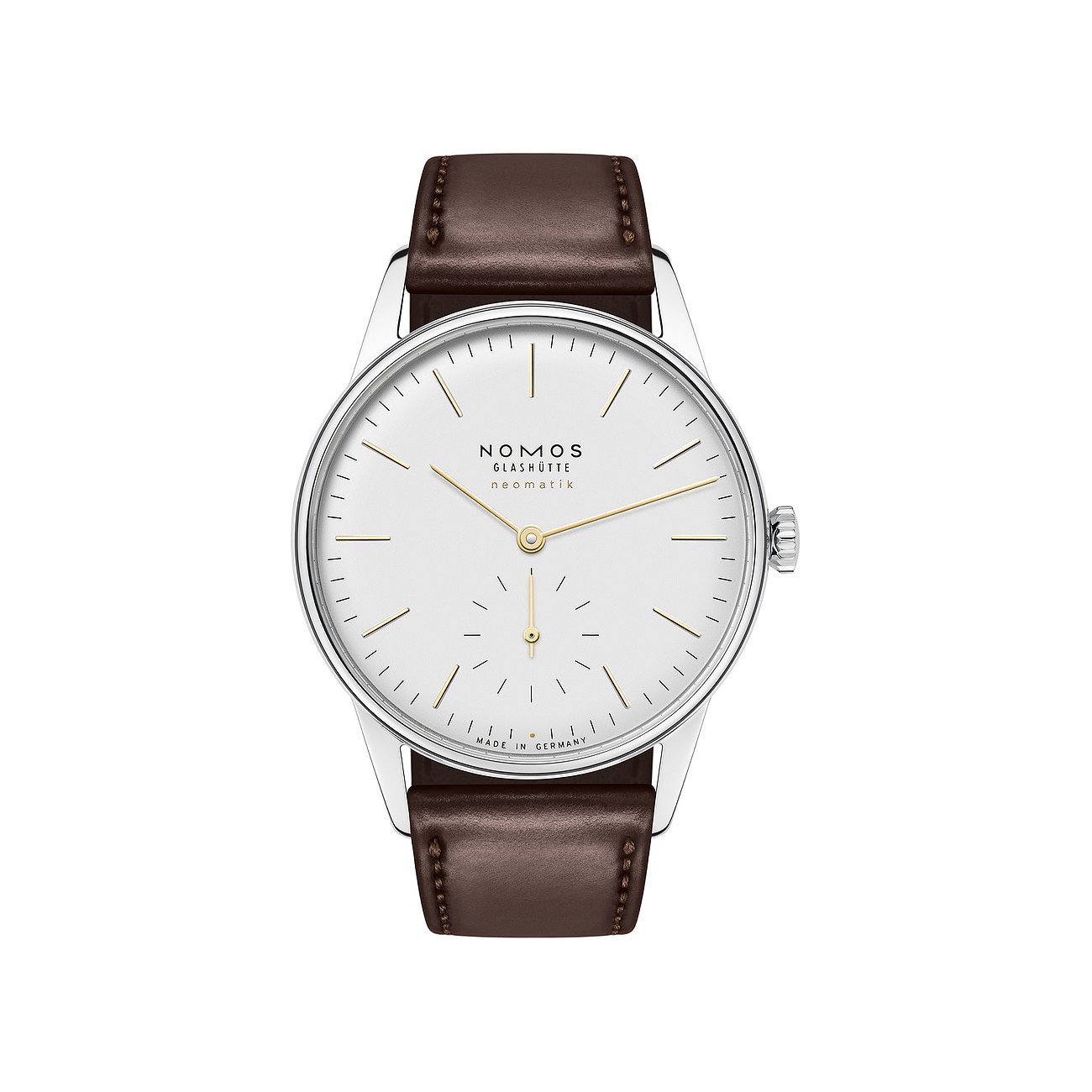 Nomos Glashütte analoge Uhr mit Edelstahlgehäuse und braunem Lederarmband.