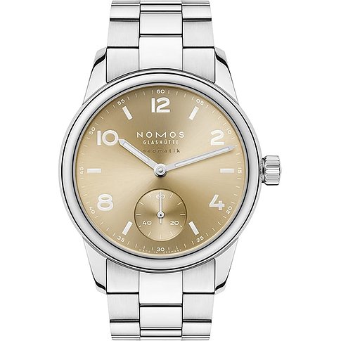 Nomos Glashütte Damenuhr mit Edelstahlgehäuse, goldfarbenes Zifferblatt, analog.