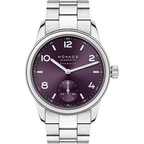 Nomos Glashütte Damenuhr aus Edelstahl, mit lila Zifferblatt und kleiner Sekunde.