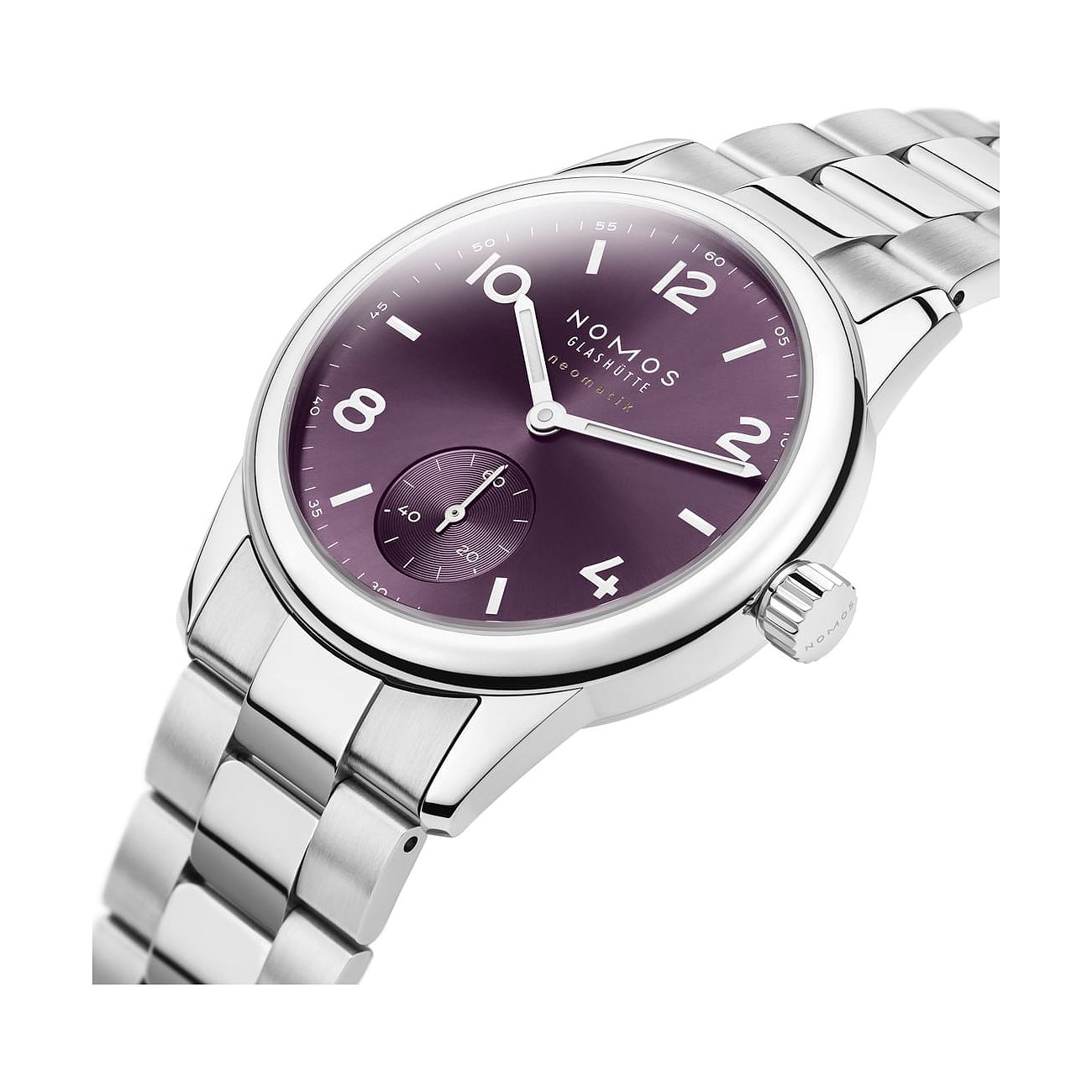 Nomos Glashütte Damenuhr aus Edelstahl, lila Zifferblatt, analog.