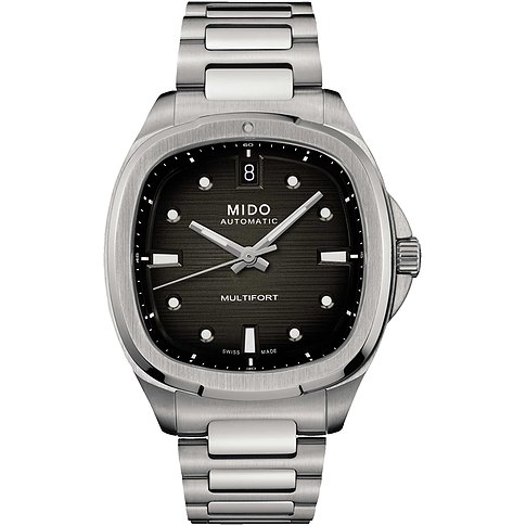 Mido Damenuhr mit Edelstahlgehäuse, schwarzem Zifferblatt und silberfarbenem Armband.