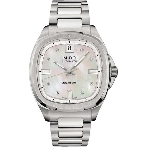 Mido Damenuhr mit Edelstahlgehäuse, Perlmuttzifferblatt und Diamanten.