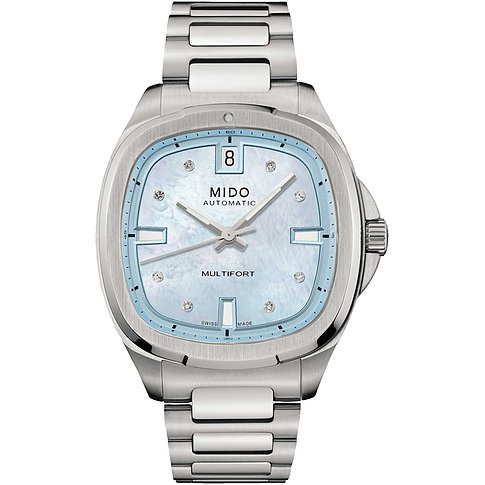 Mido Damenuhr mit Edelstahlgehäuse, blauem Zifferblatt und Diamanten.