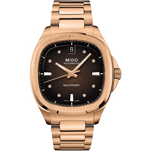 Mido Damenuhr mit Edelstahlgehäuse, braunes Zifferblatt und Diamanten.