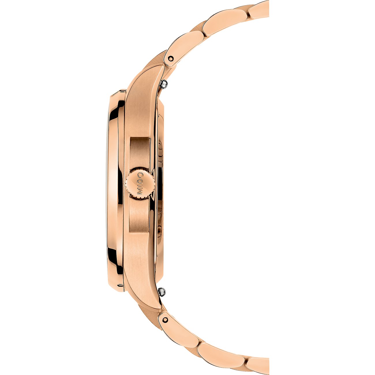 Mido Damenuhr mit Edelstahlgehäuse, roségoldfarben, mit Diamanten.