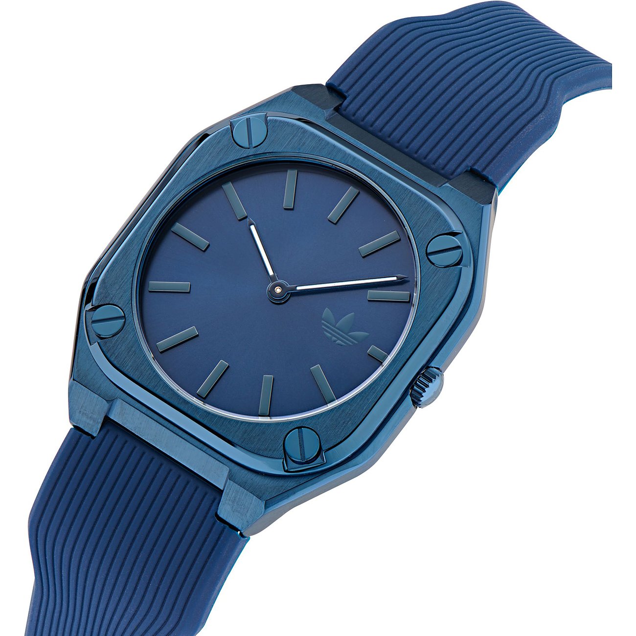 Adidas unisexklocka med boett i rostfritt stål, blå urtavla och blått armband.