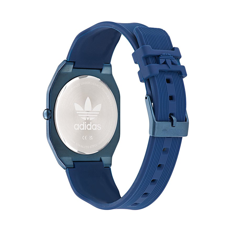 Adidas Unisex-klocka med boett i rostfritt stål, blått armband och analog display.