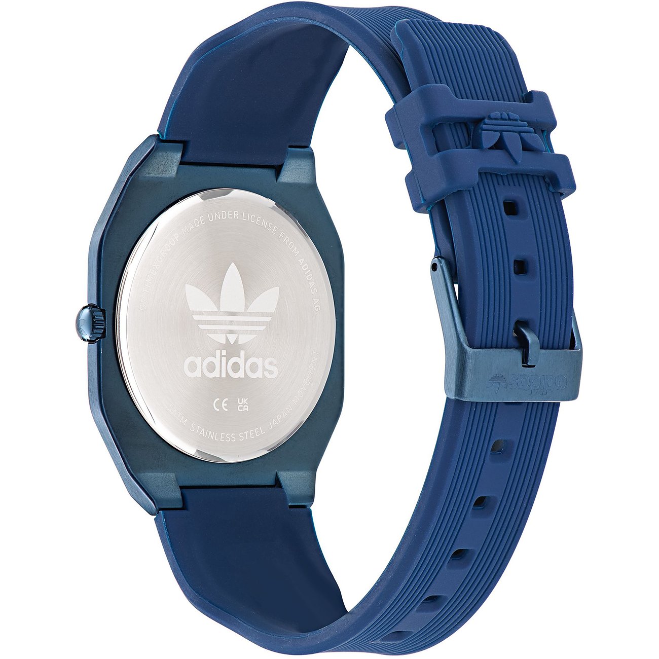 Adidas Unisex-klocka med boett i rostfritt stål, blått armband och analog display.
