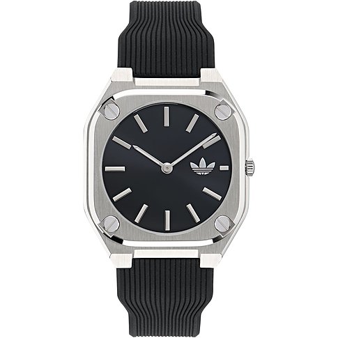 Montre unisexe Adidas avec boîtier en acier inoxydable, cadran noir et bracelet côtelé.