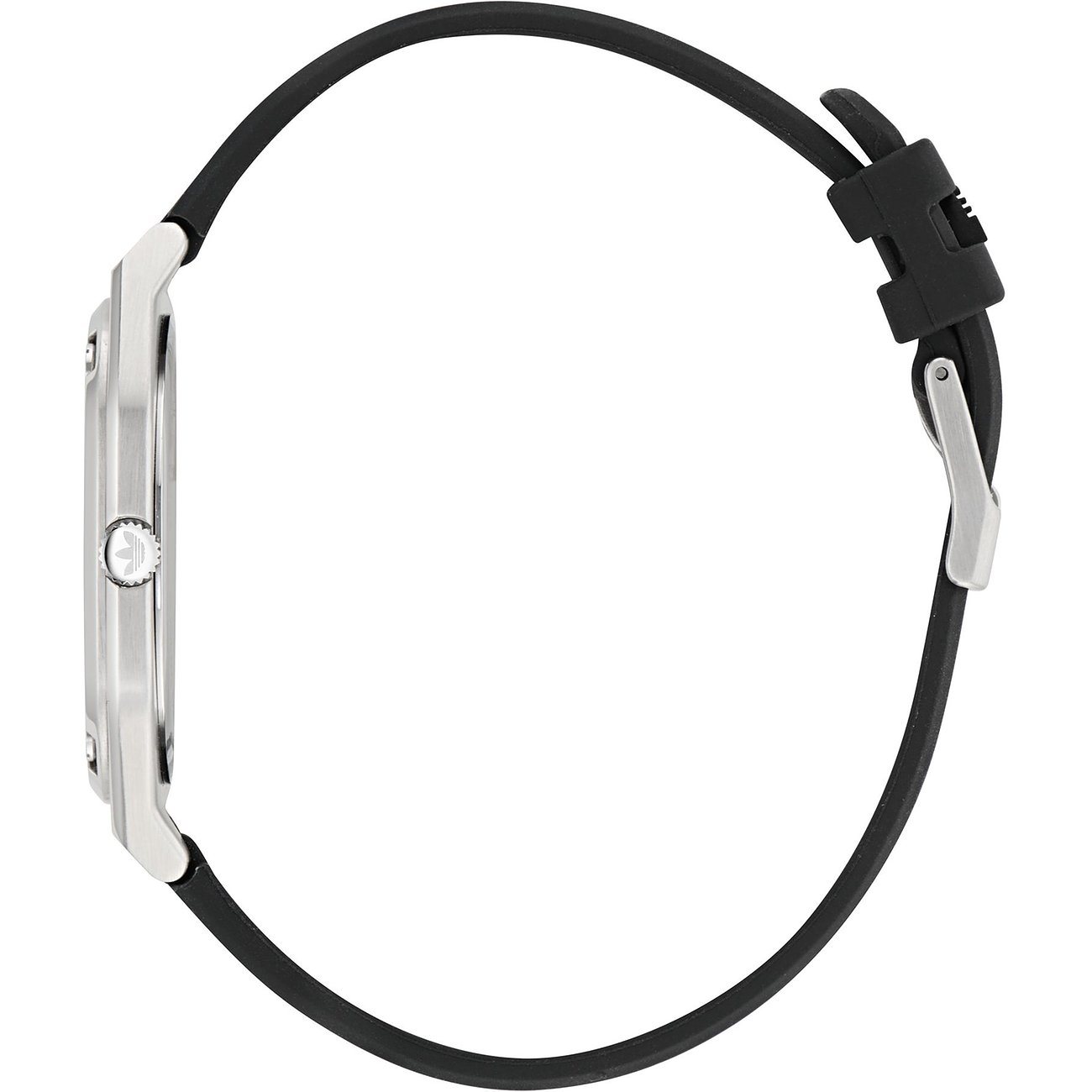 Adidas Unisexuhr mit Edelstahlgehäuse, schwarzes Armband und silberfarbenes Gehäuse.