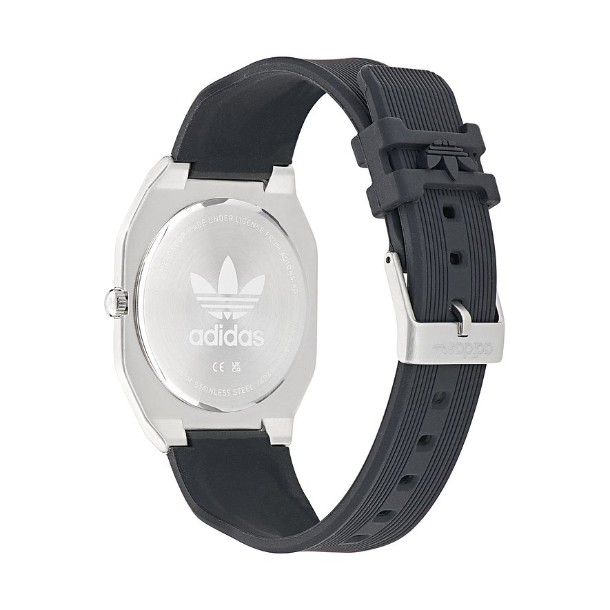Adidas Unisexuhr mit Edelstahlgehäuse und schwarzem Armband.