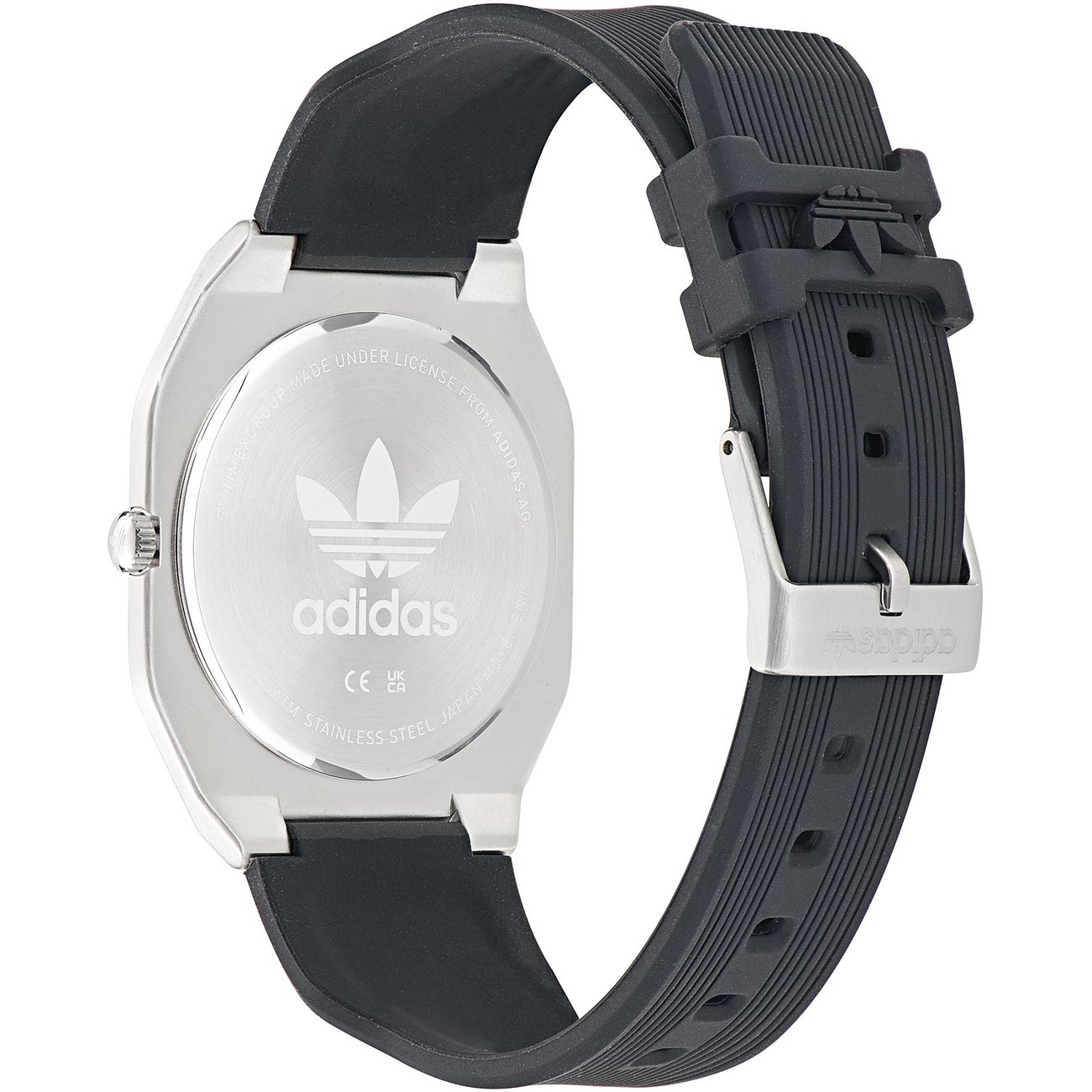 Adidas Unisexuhr mit Edelstahlgehäuse und schwarzem Armband.