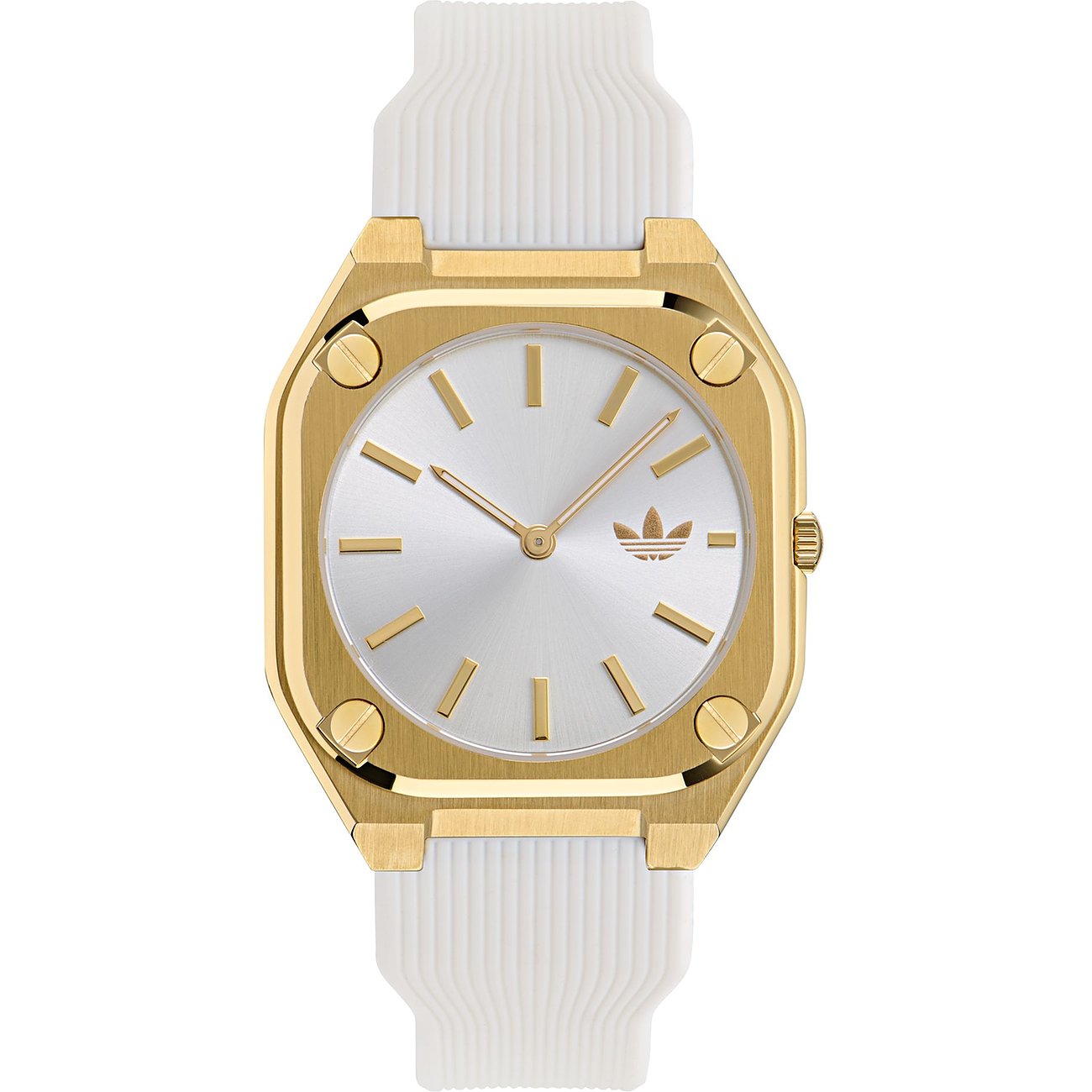 Montre unisexe Adidas avec boîtier en acier inoxydable, cadran argenté et bracelet blanc.