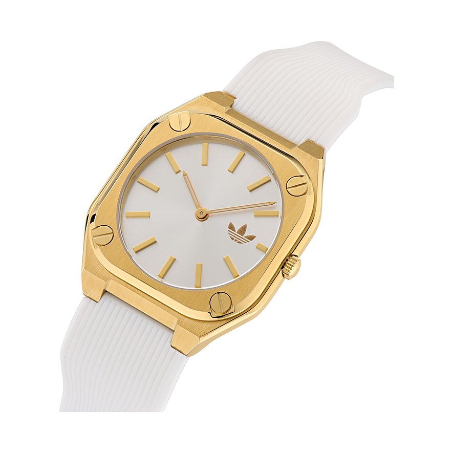 Montre unisexe Adidas avec boîtier en acier inoxydable, couleur or, cadran blanc, analogique.