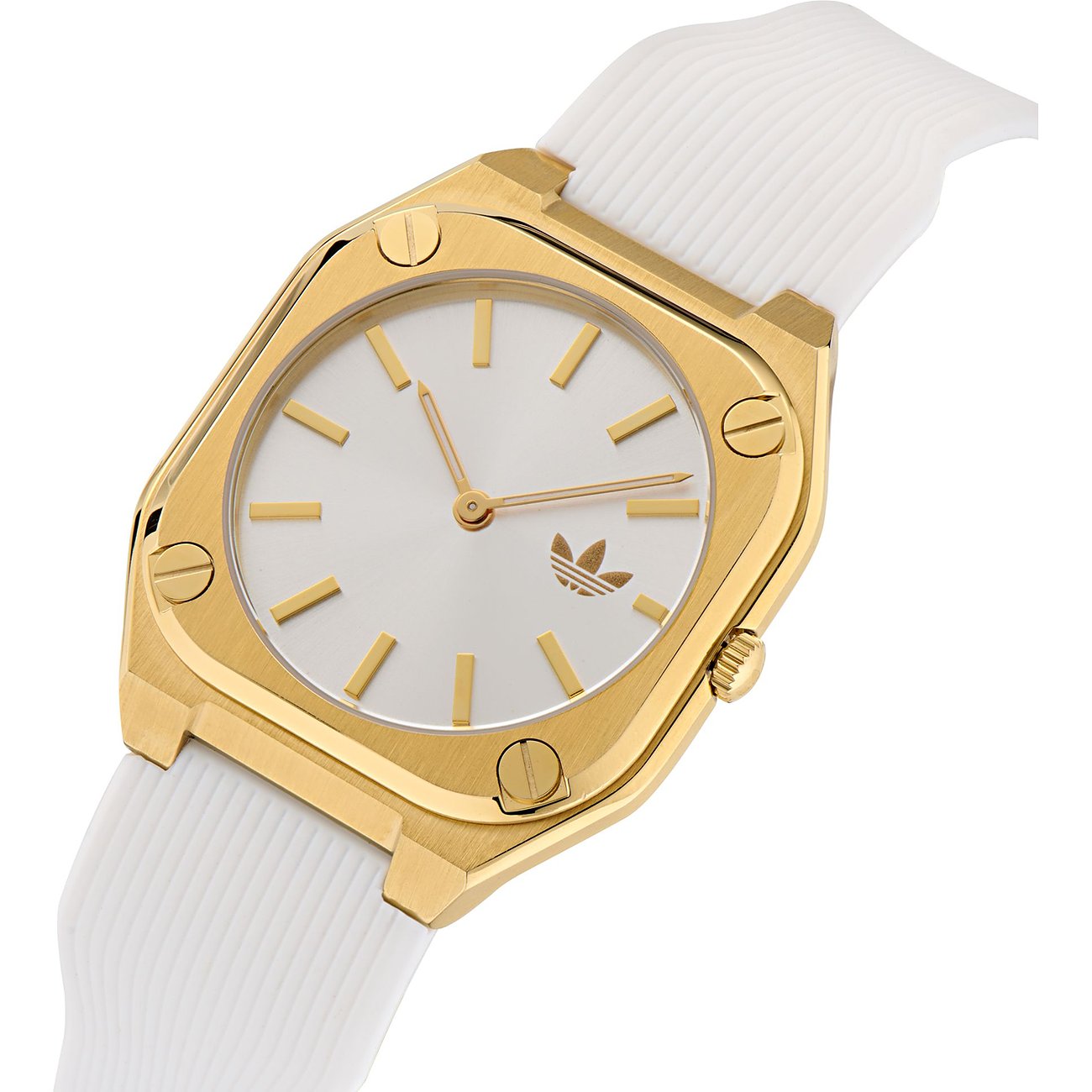 Montre unisexe Adidas avec boîtier en acier inoxydable, couleur or, cadran blanc, analogique.