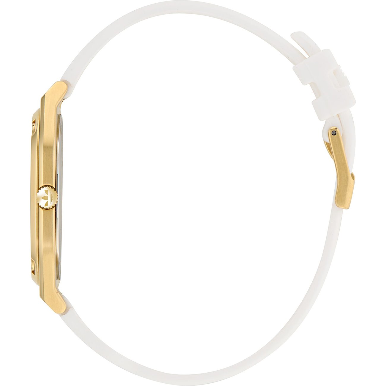 Montre unisexe Adidas avec boîtier en acier inoxydable, couleur or, avec bracelet blanc.