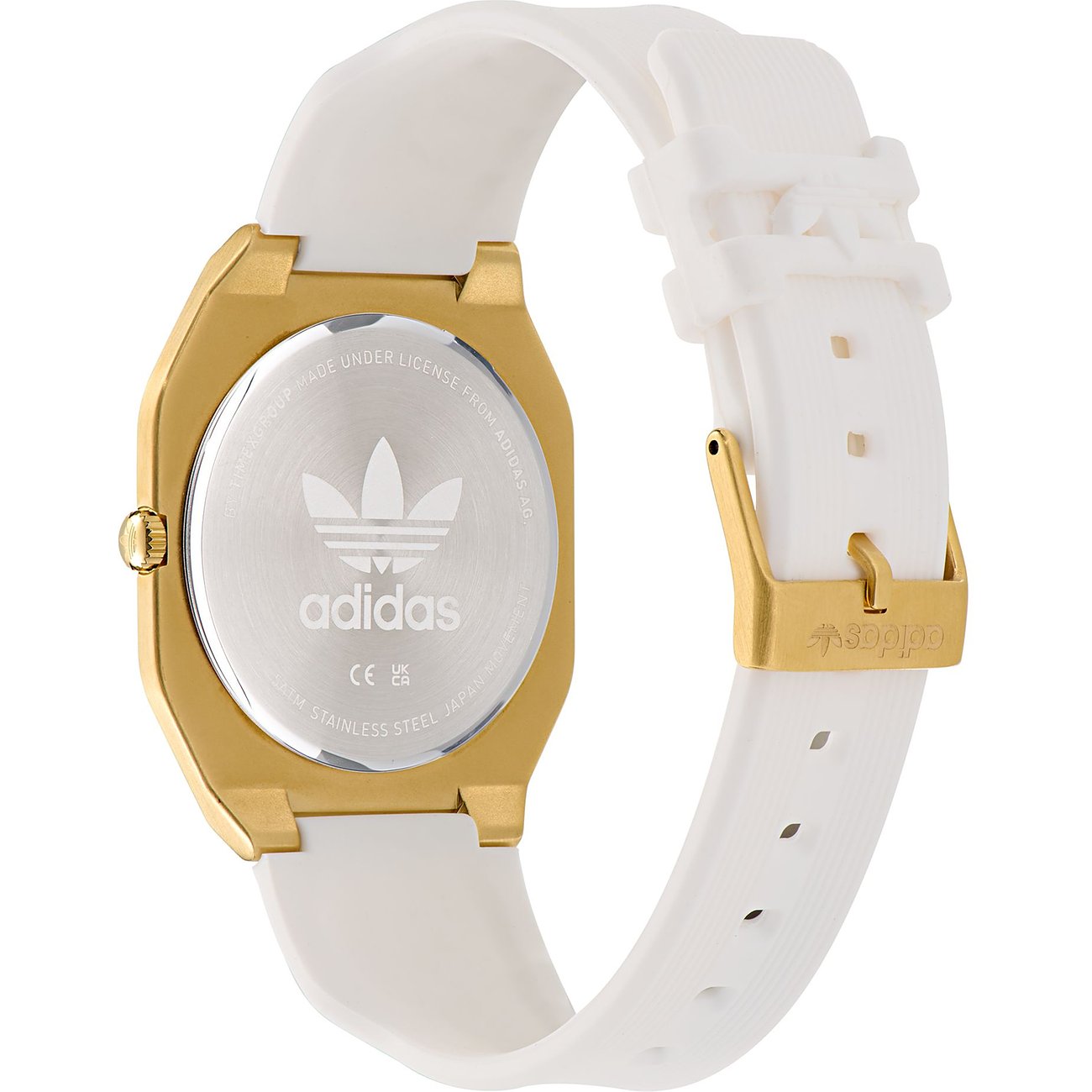 Montre unisexe Adidas avec boîtier en acier inoxydable, couleur or, et bracelet blanc.