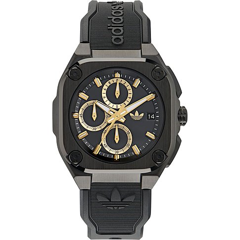 Montre Adidas pour homme avec boîtier en acier inoxydable, cadran noir et chronographe.