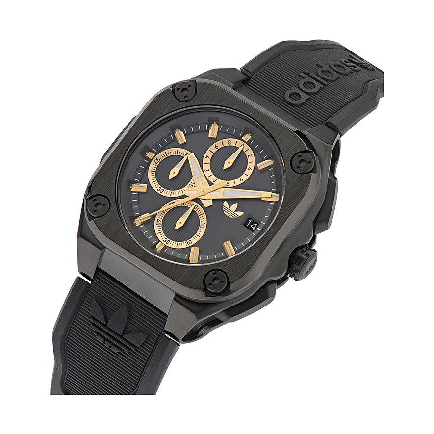 Adidas Herrenuhr mit Edelstahlgehäuse, schwarzes Zifferblatt, goldfarbene Zeiger.