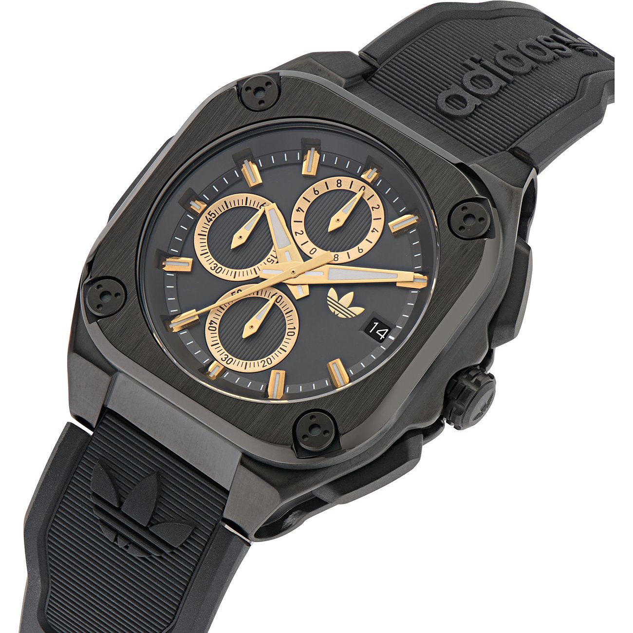 Adidas Herrenuhr mit Edelstahlgehäuse, schwarzes Zifferblatt, goldfarbene Zeiger.