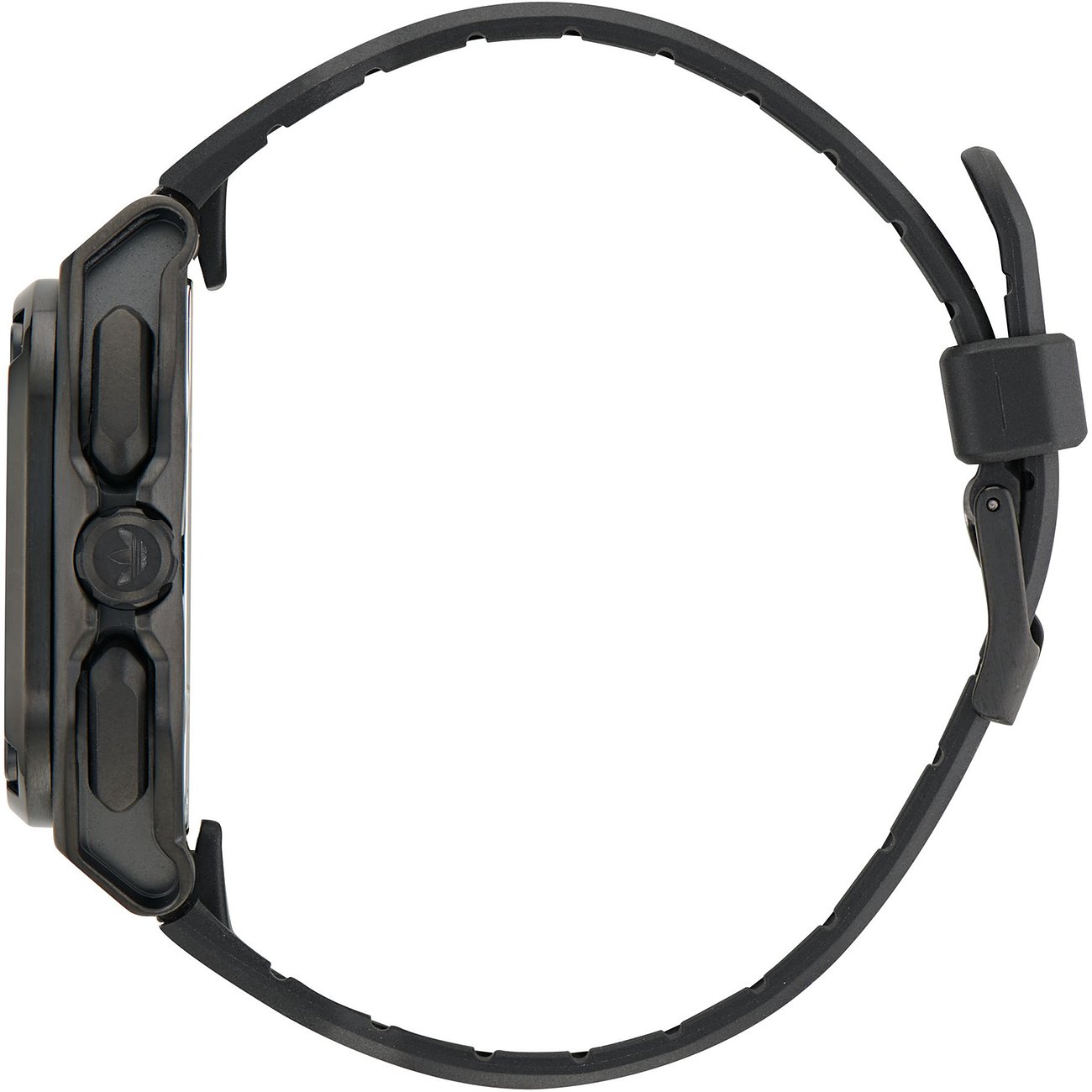 Adidas Herrenuhr mit Edelstahlgehäuse, schwarzes Armband, analoge Anzeige.