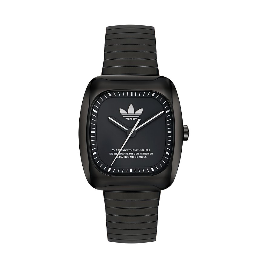 Adidas Unisexuhr mit Edelstahlgehäuse, schwarzes Zifferblatt, analoge Anzeige.