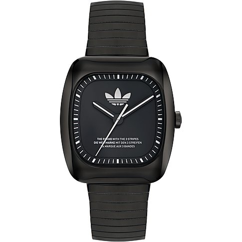 Montre unisexe Adidas avec boîtier en acier inoxydable, cadran noir, affichage analogique.